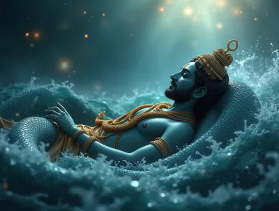 Lord Vishnu Reclining On The Cosmic Serpent Shesha