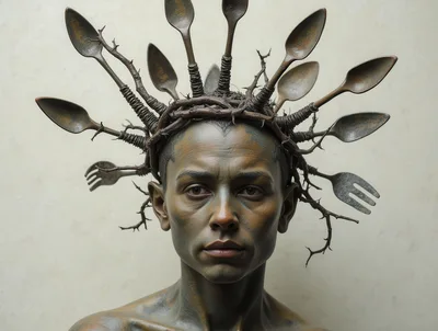 Portrait Of A Person Wearing A Surreal Cutlery Crown