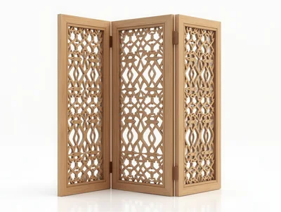 Three Panel Wooden Room Divider With Intricate Lattice Pattern