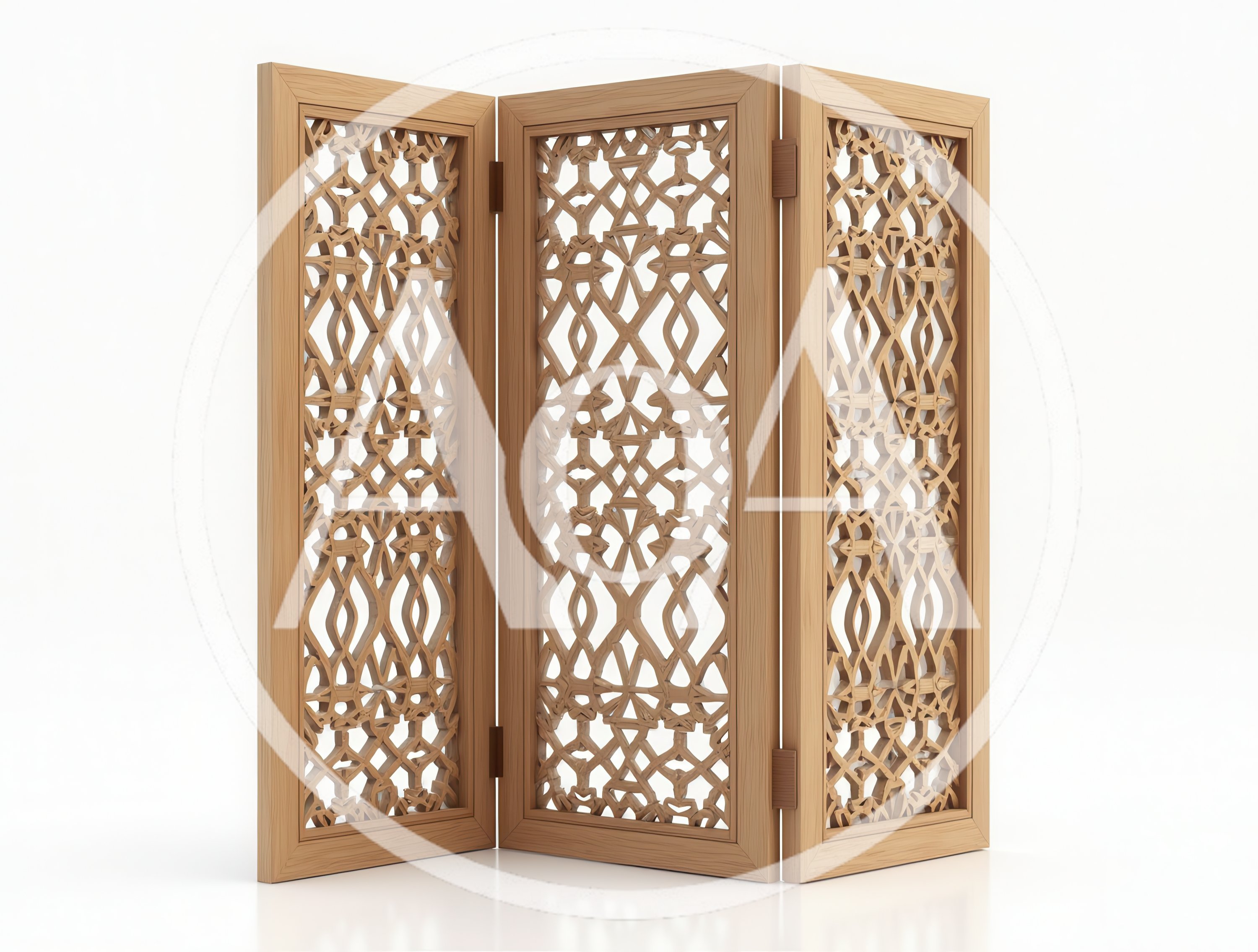Three Panel Wooden Room Divider With Intricate Lattice Pattern