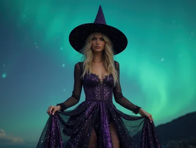 Beautiful Blonde Witch Standing Under Aurora Borealis
