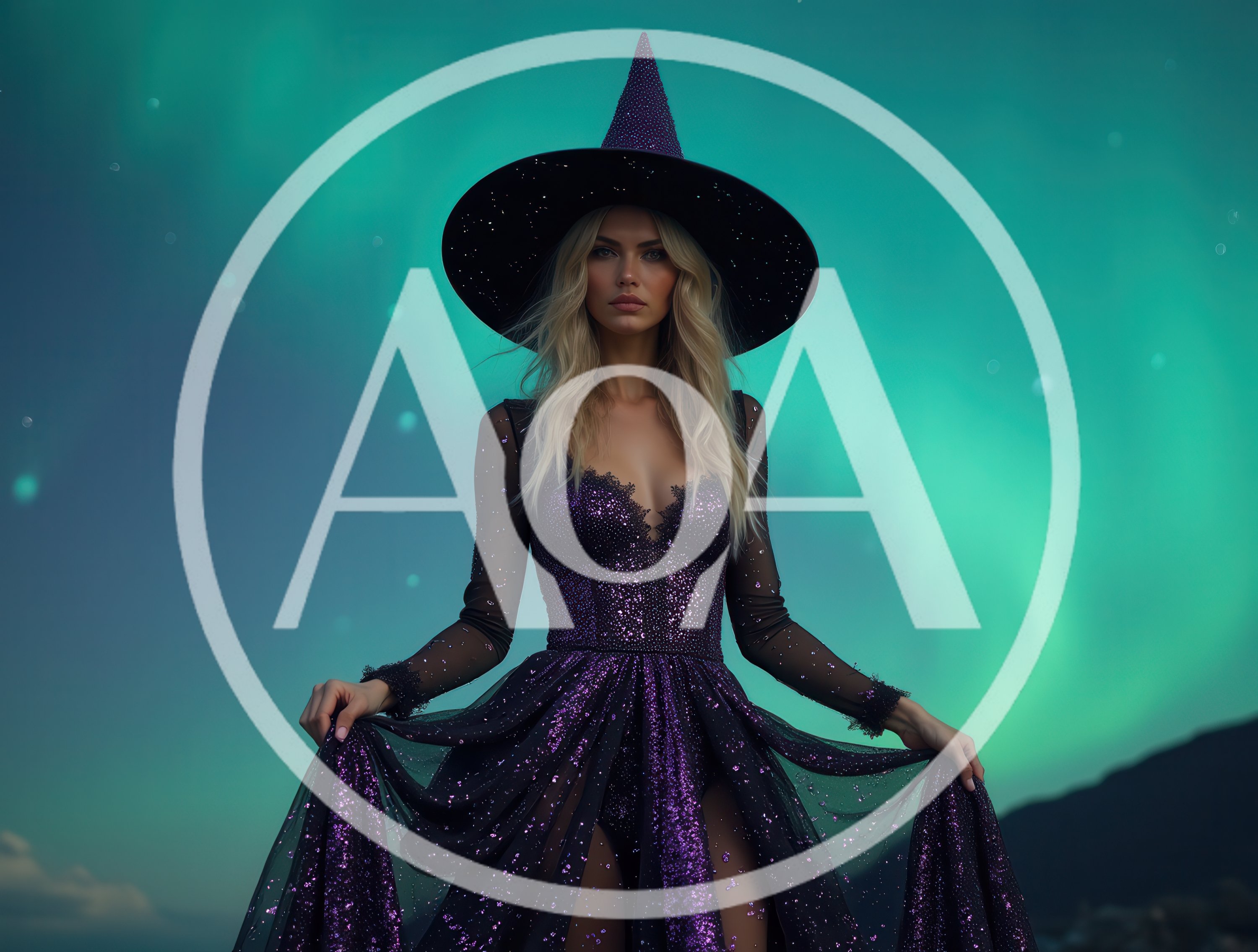 Beautiful Blonde Witch Standing Under Aurora Borealis