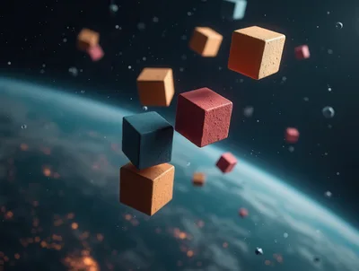 Floating Geometric Cubes Above Earth In Space