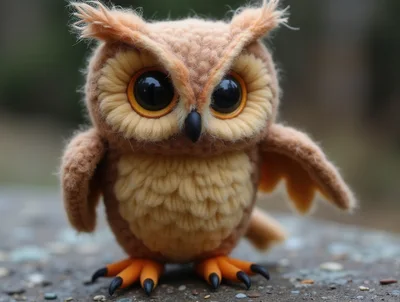 Crocheted Owl Plush Toy Standing Outdoors