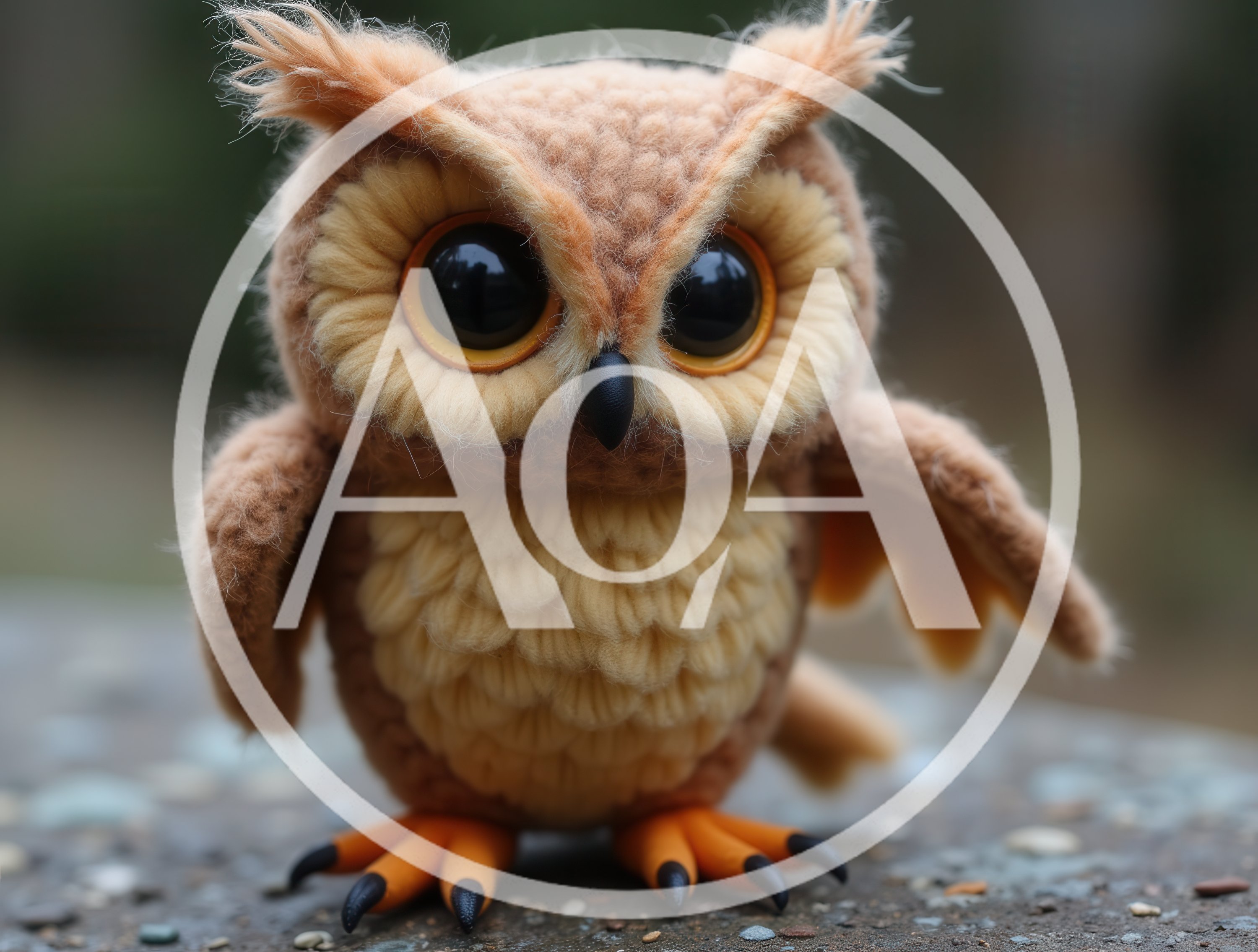 Crocheted Owl Plush Toy Standing Outdoors
