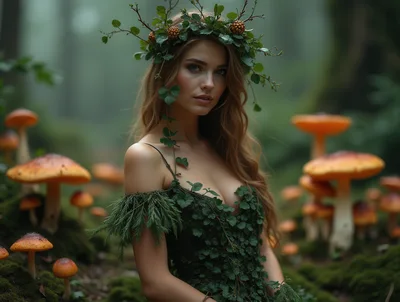Ethereal Forest Nymph Wearing A Natural Leaf Crown