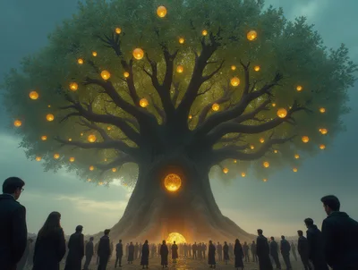 Crowd Gathering Before A Glowing Mystical Tree