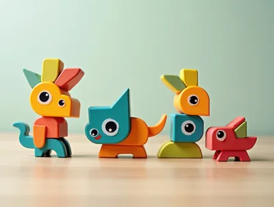 Four Colorful Wooden Animal Toys On A Table