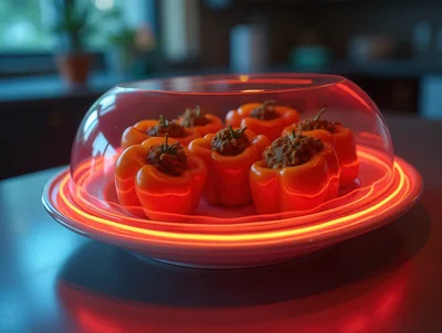 Stuffed Orange Bell Peppers Under A Glowing Dome