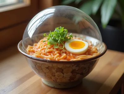 Bowl of Pasta with Egg Under Glass Dome