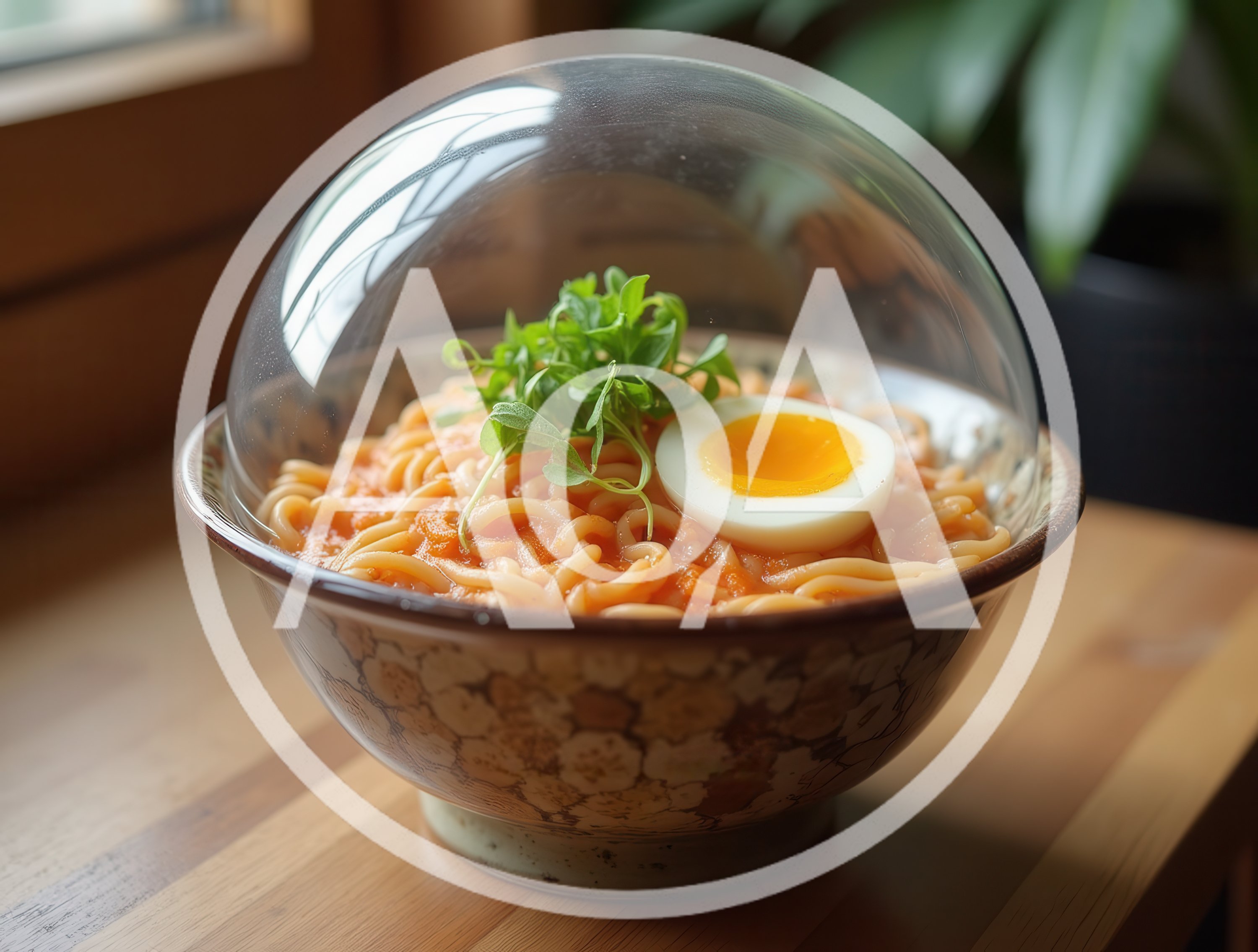 Bowl of Pasta with Egg Under Glass Dome
