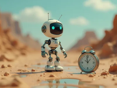 Small Robot Standing Beside An Analog Alarm Clock