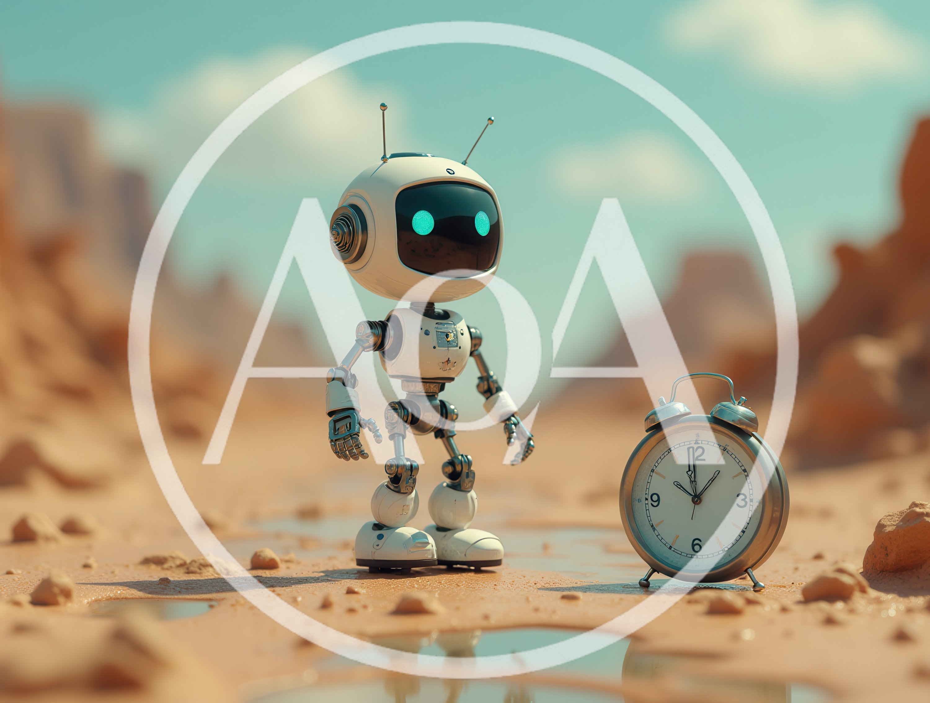 Small Robot Standing Beside An Analog Alarm Clock