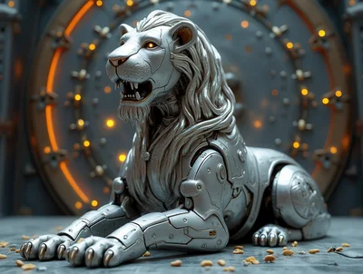 Mechanical Silver Lion Statue In Vault Setting