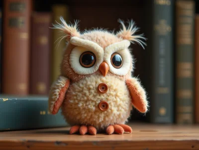 Cute Fluffy Owl Plush Toy On Bookshelf