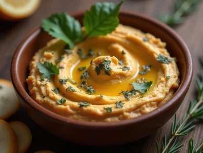 Bowl Of Creamy Hummus With Olive Oil And Herbs