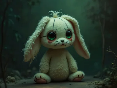 Sad Plush Rabbit Toy In A Dark Forest