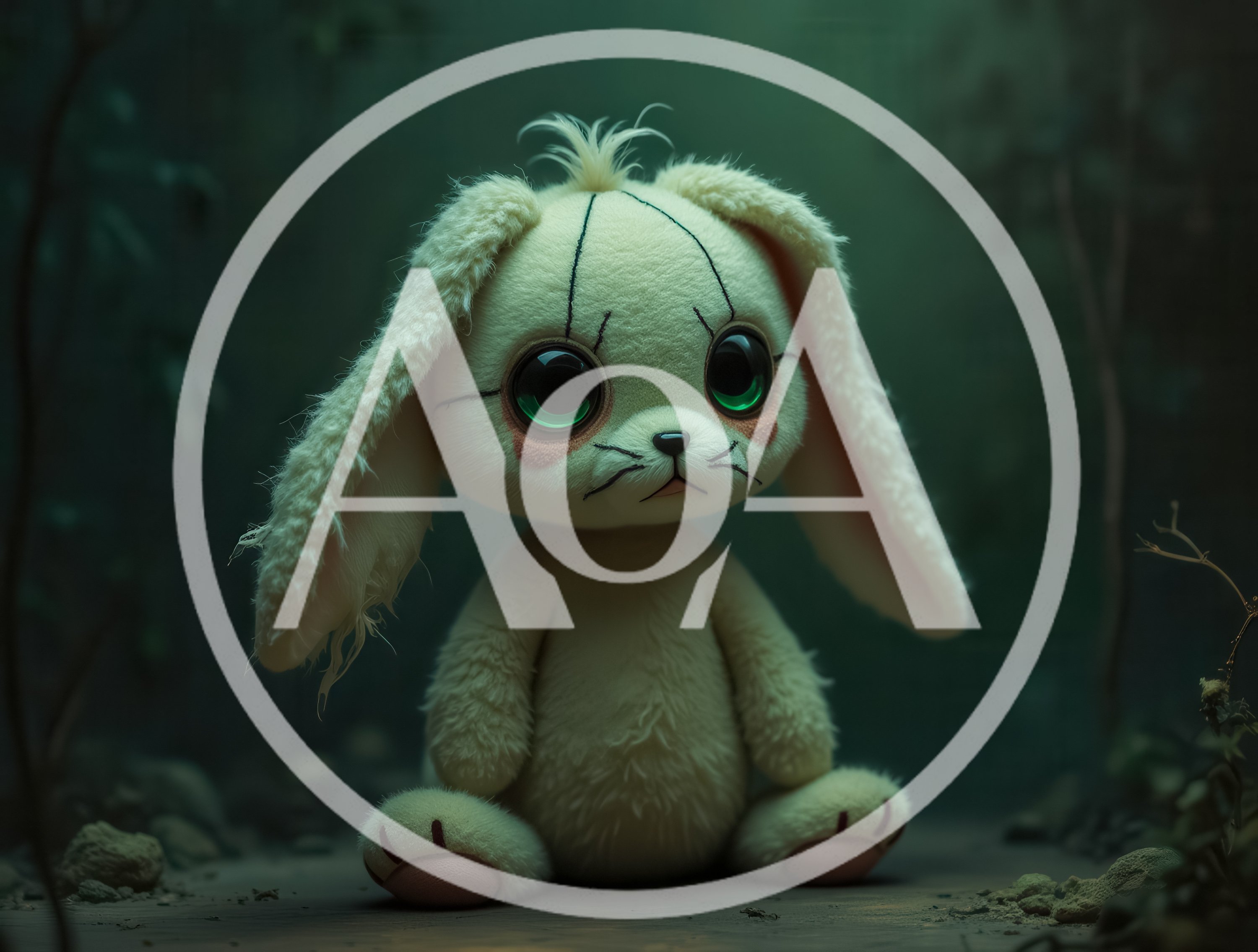 Sad Plush Rabbit Toy In A Dark Forest