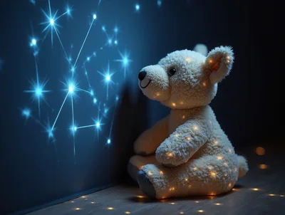 Stuffed Teddy Bear Sitting Beside Glowing Star Constellations