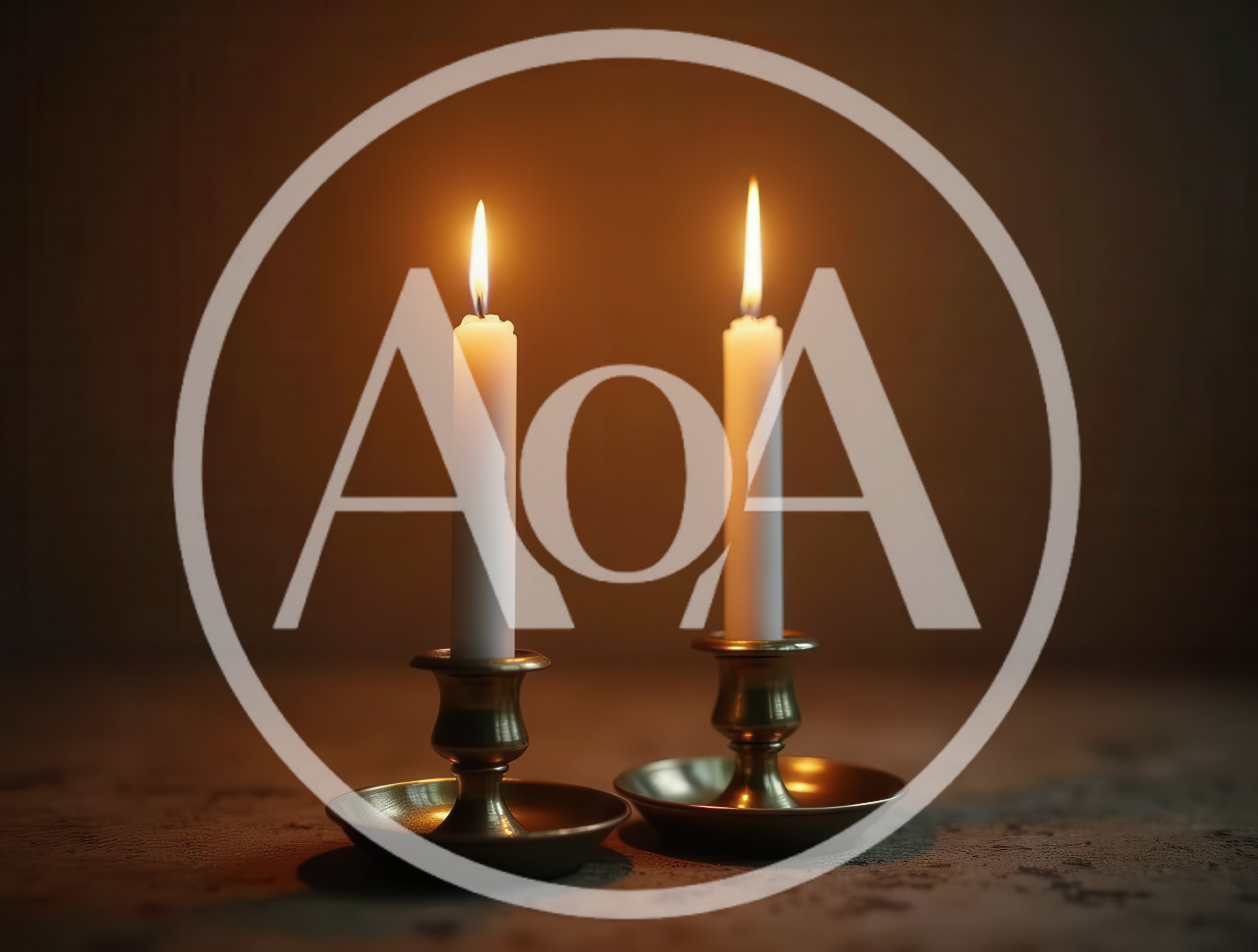 Two Lit White Candles In Brass Holders