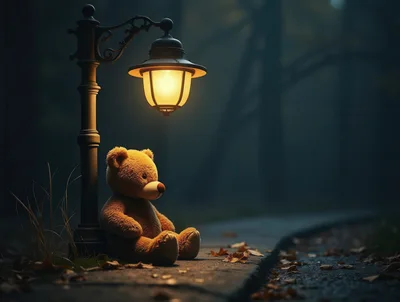 Lonely Teddy Bear Sitting Under A Streetlight