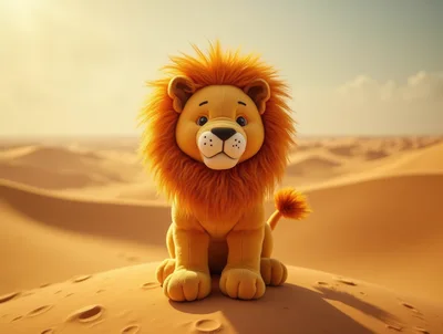 Cute Plush Lion Toy Sitting In Desert