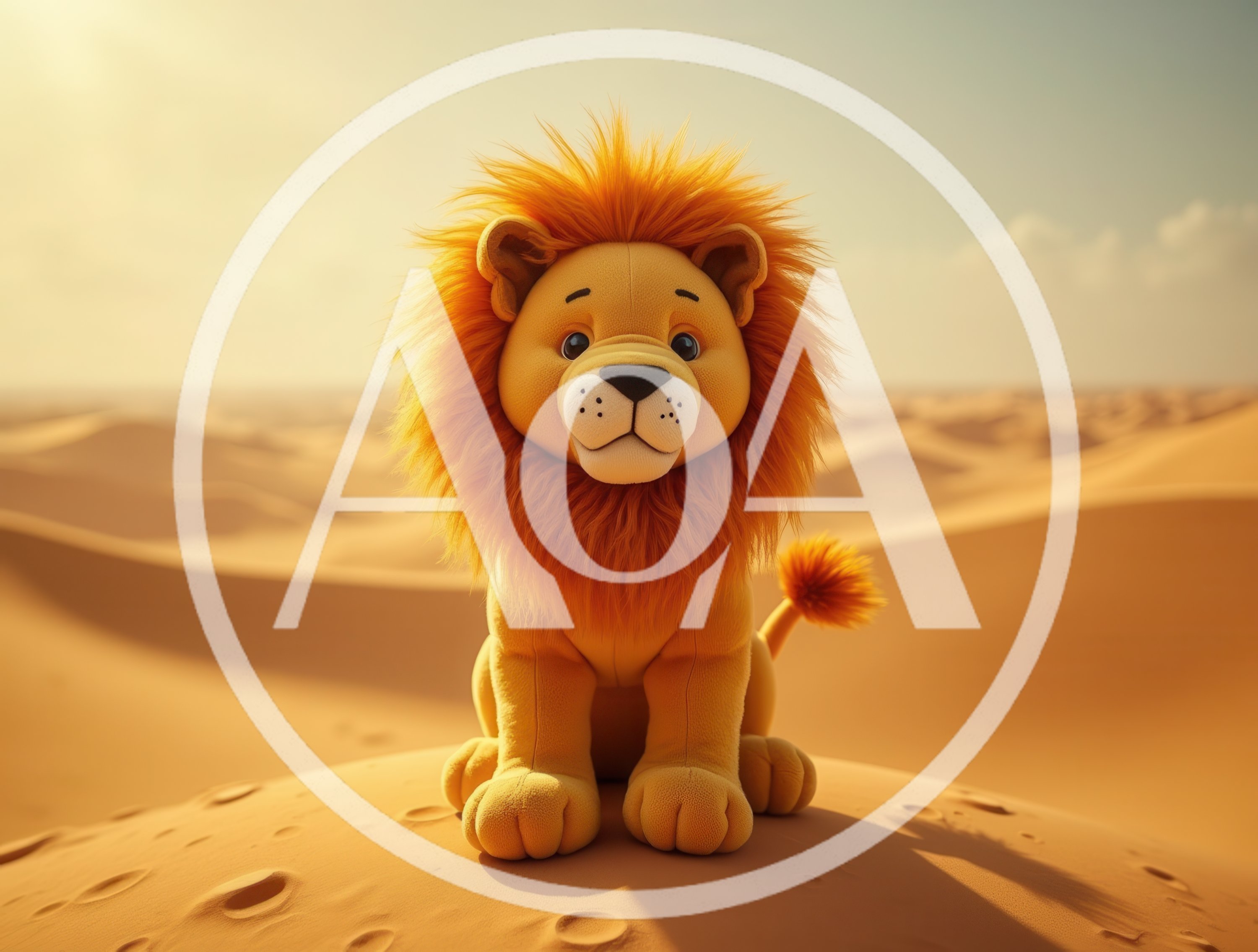 Cute Plush Lion Toy Sitting In Desert