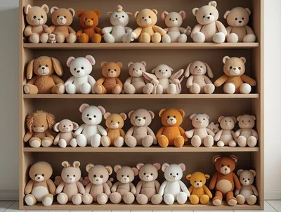 Collection Of Teddy Bears On Wooden Shelves