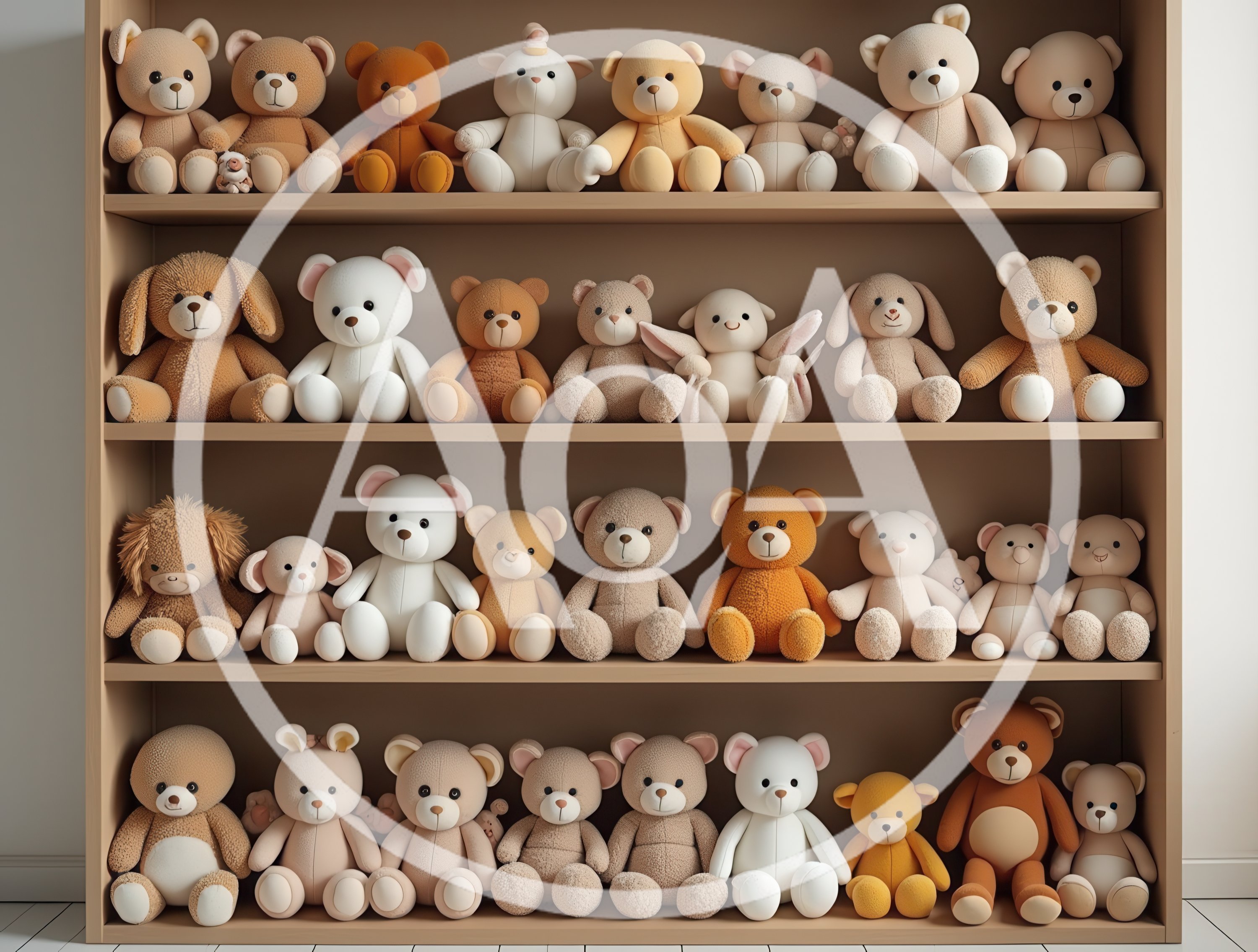 Collection Of Teddy Bears On Wooden Shelves