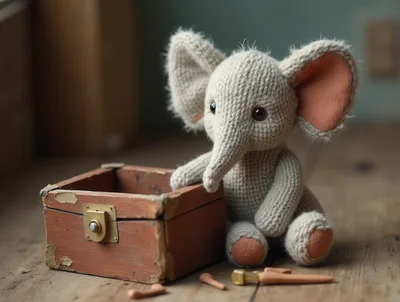 Knitted Elephant Toy Sitting Beside A Wooden Box
