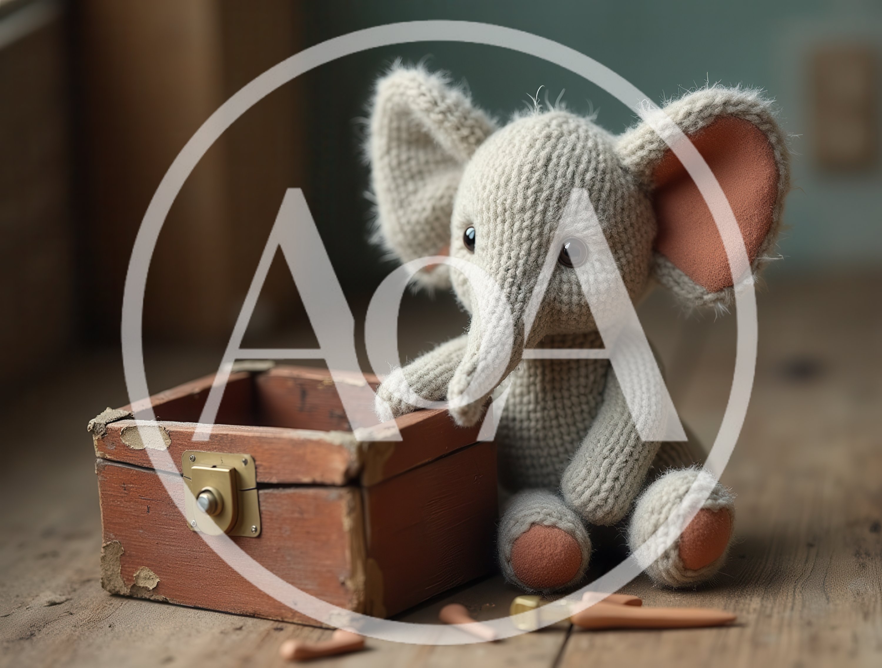 Knitted Elephant Toy Sitting Beside A Wooden Box