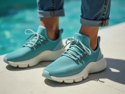 Person Wearing Teal Sneakers By A Swimming Pool