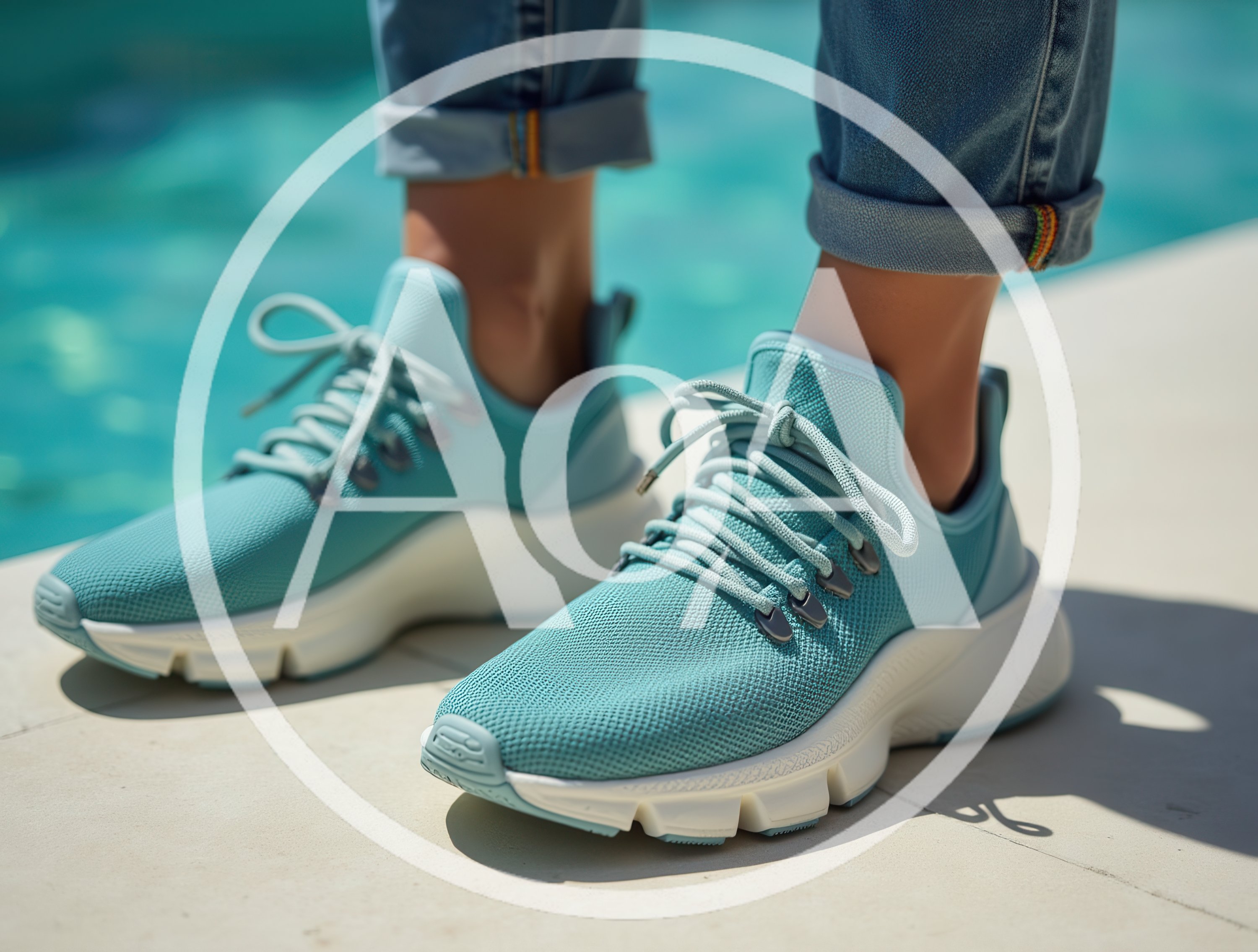 Person Wearing Teal Sneakers By A Swimming Pool