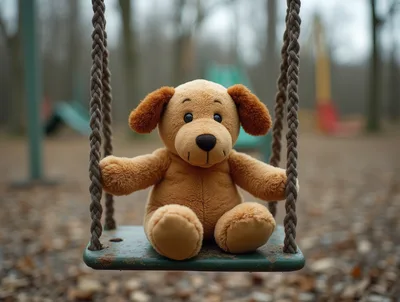 Stuffed Dog Toy Sitting On A Playground Swing