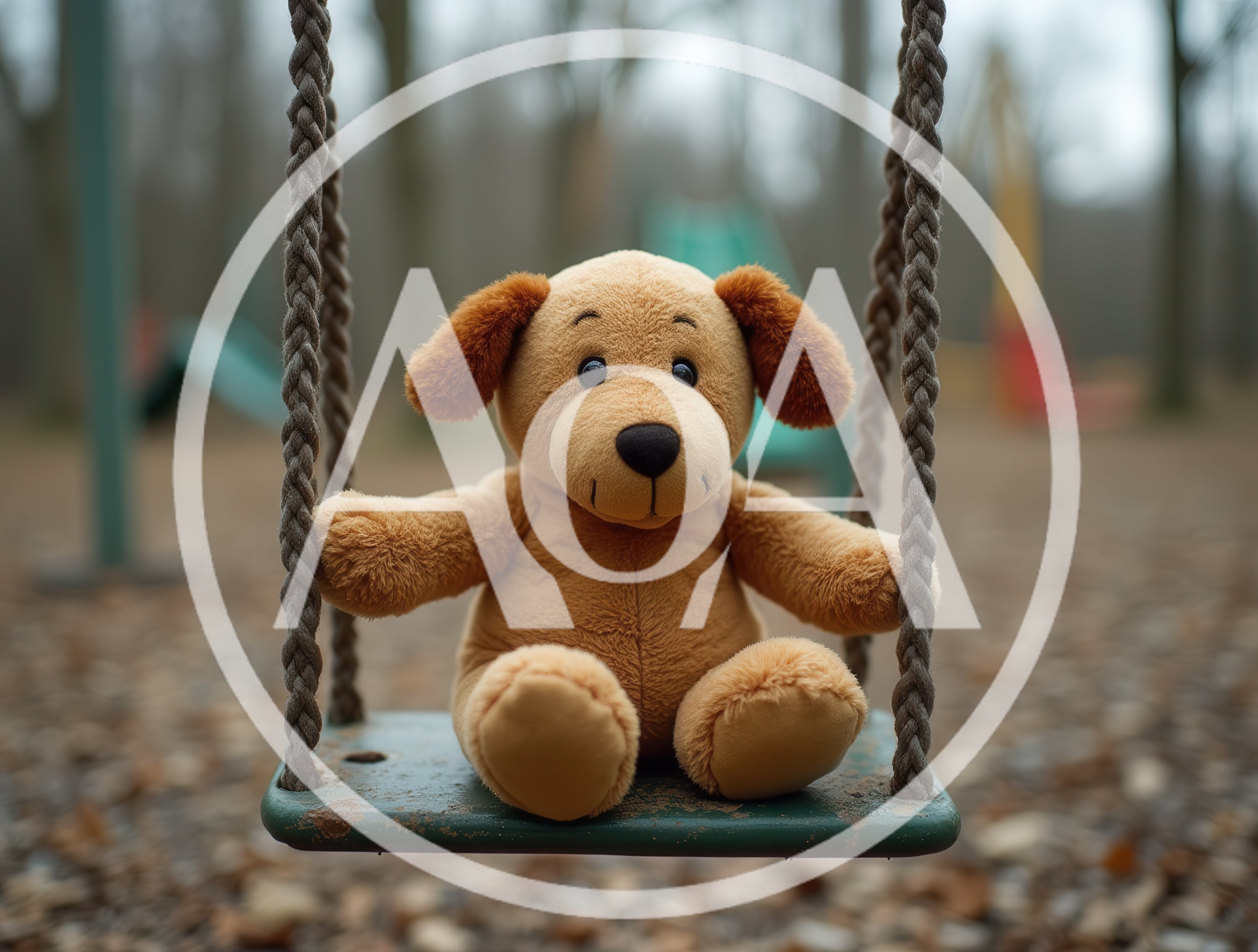 Stuffed Dog Toy Sitting On A Playground Swing
