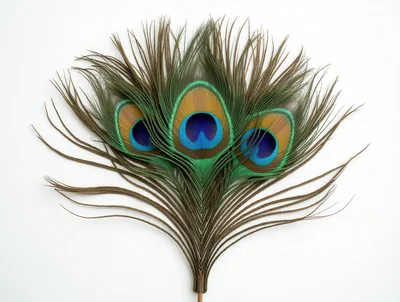 Three Peacock Feathers Arranged On White Background