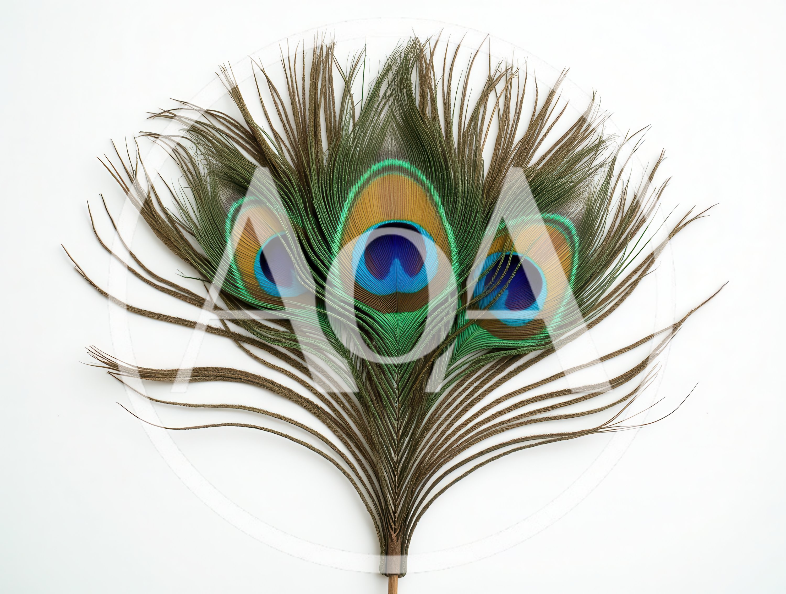Three Peacock Feathers Arranged On White Background
