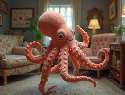Cute Pink Octopus Plush Toy Standing In Living Room