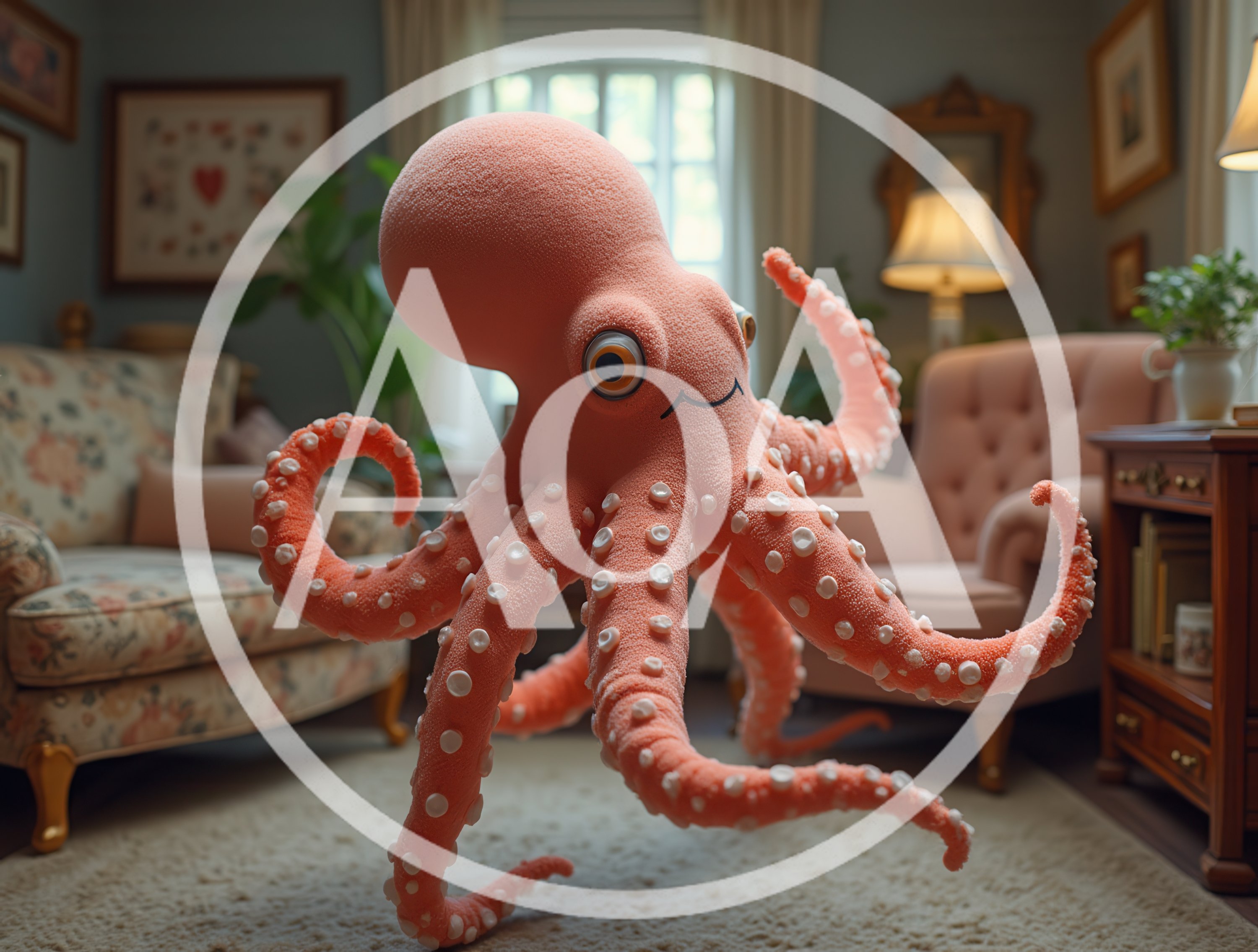 Cute Pink Octopus Plush Toy Standing In Living Room