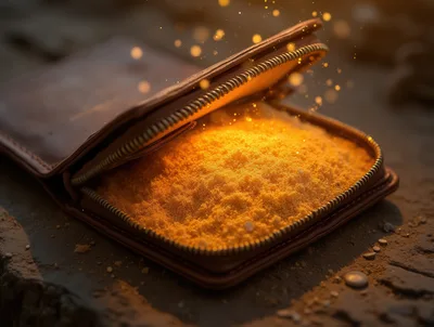 Open Leather Wallet Filled With Glowing Golden Sand