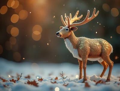 Golden Glittering Reindeer Standing In Snowy Forest