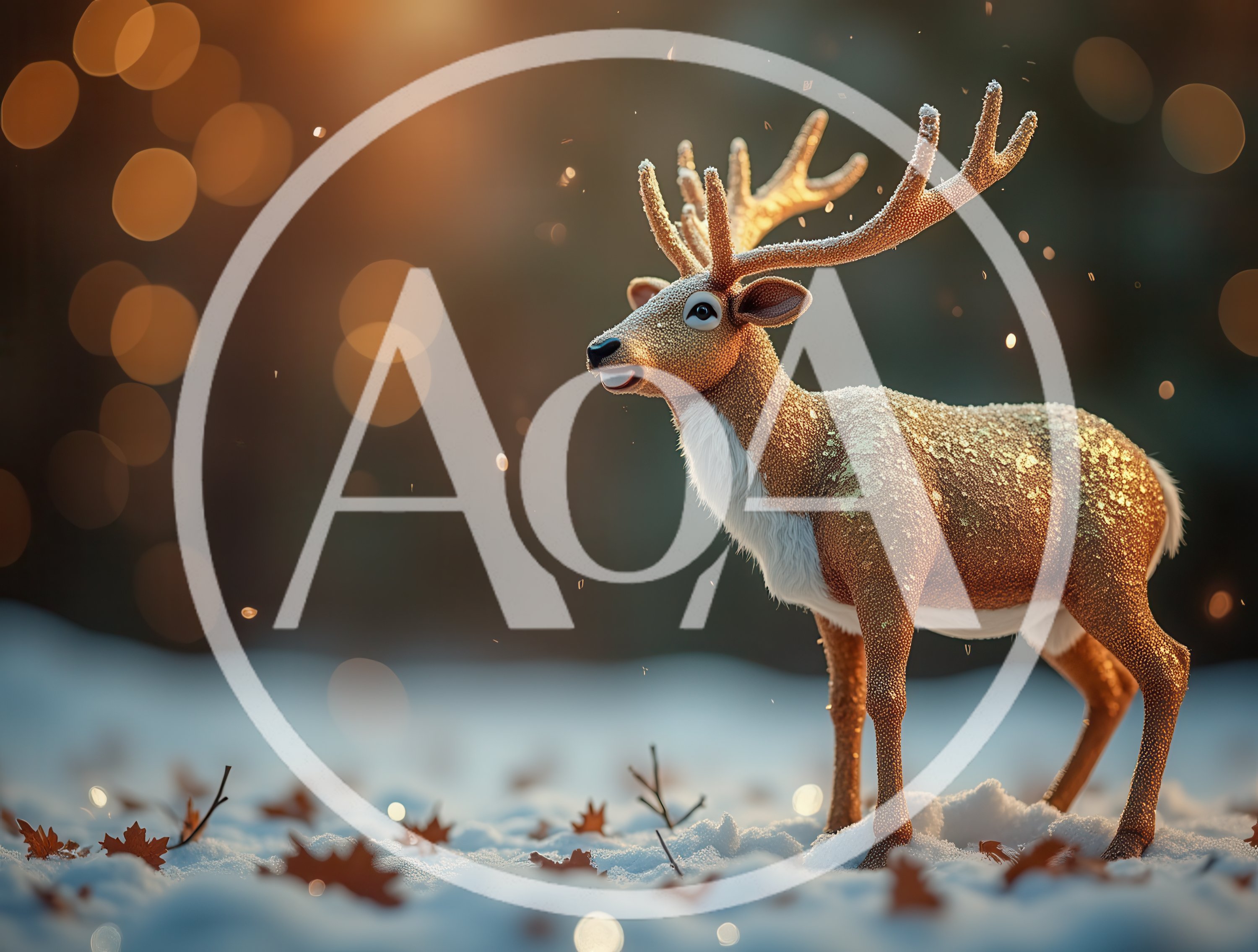 Golden Glittering Reindeer Standing In Snowy Forest