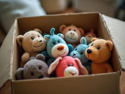 Cardboard Box Filled With Assorted Plush Stuffed Animals