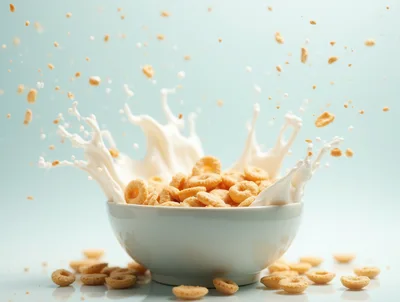 Cereal Rings Splashing Into A Bowl Of Milk