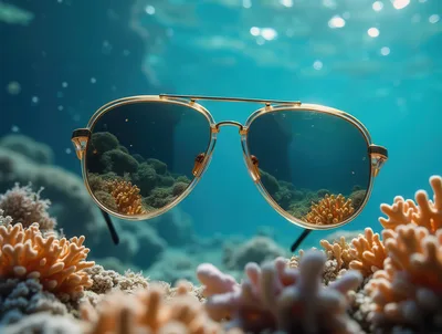 Aviator Sunglasses Floating Over A Vibrant Coral Reef
