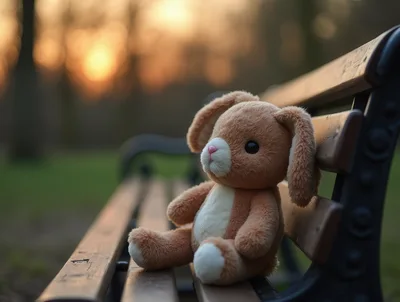 Plush Bunny Toy Sitting On A Park Bench