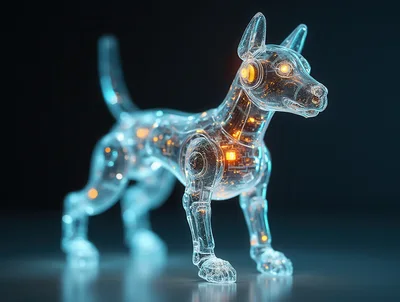 Transparent Robotic Dog With Glowing Internal Circuitry