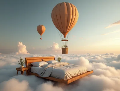 Surreal Bed Floating Above Clouds With Hot Air Balloons