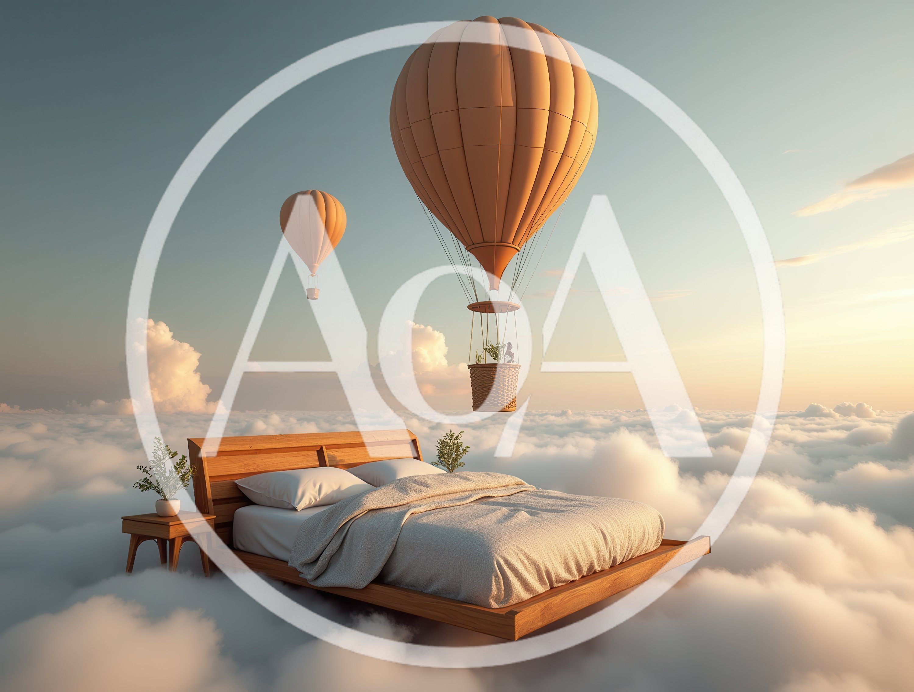 Surreal Bed Floating Above Clouds With Hot Air Balloons