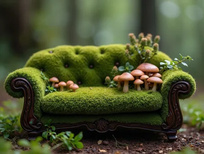 Miniature Moss Covered Sofa With Mushrooms In Forest